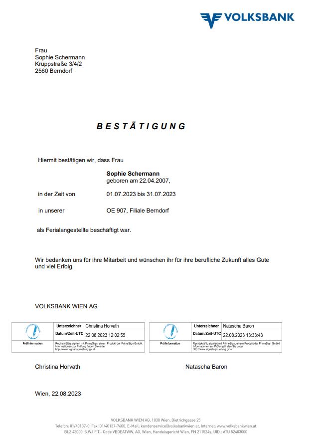 Nachweis Praktikum Volksbank AG